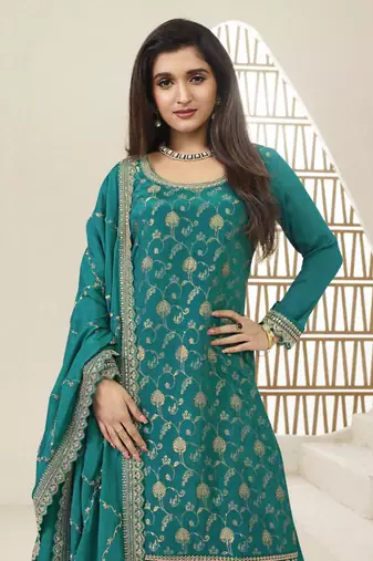 Green embroidered heavy chinon salwar suit semi stitched