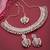 Graceful rose gold plated rainbow collar bone necklace set with earring & maangtika jewellery set for women (ns105639)