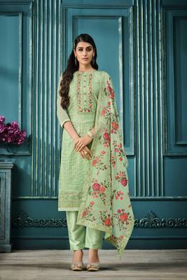 Green Embroidered Organza Semi Stitched Straight Suit Up To 42" Size 1