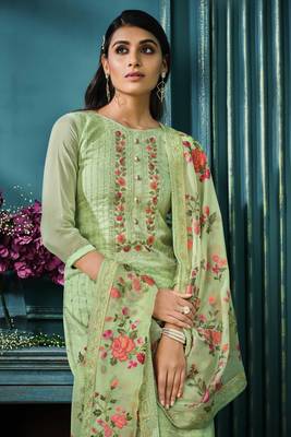 Green Embroidered Organza Semi Stitched Straight Suit Up To 42" Size 2