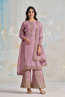 Mauve Embroidered Soft Organza Semi Stitched Straight Suit Up To 42" Size 1