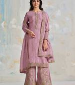 Mauve Embroidered Soft Organza Semi Stitched Straight Suit Up To 42" Size