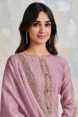 Mauve Embroidered Soft Organza Semi Stitched Straight Suit Up To 42" Size 2