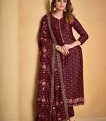 Wine Embroidered Chinnon  Straight Suit Free size full stitched Up To 42" Size