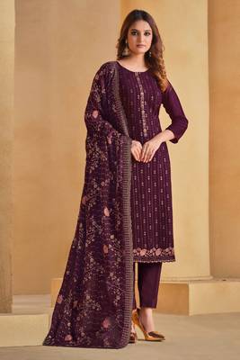 Purple Embroidered Chinnon Semi Stitched Straight Suit Up To 42" Size 1