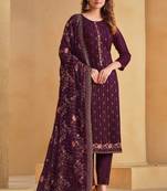 Purple Embroidered Chinnon Semi Stitched Straight Suit Up To 42" Size
