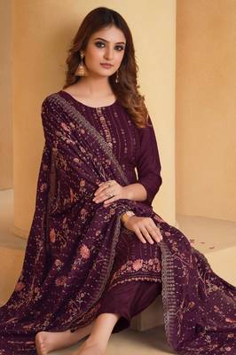 Purple Embroidered Chinnon Semi Stitched Straight Suit Up To 42" Size 2