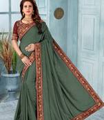 Mehendi Green Kashmiri Stone Embroidery Silk Saree