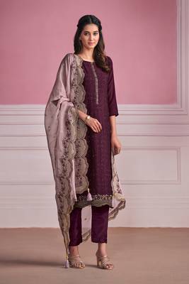 Purple Embroidered Chinnon Semi Stitched Straight Suit Up To 42" Size 1