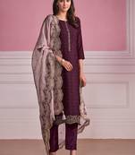 Purple Embroidered Chinnon Semi Stitched Straight Suit Up To 42" Size