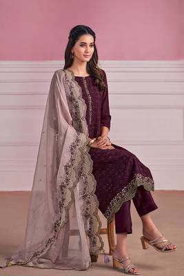 Purple Embroidered Chinnon Semi Stitched Straight Suit Up To 42" Size 2