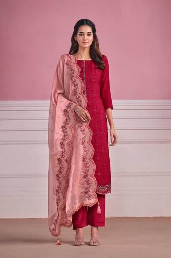 Pink Embroidered Chinnon  Straight Suit Free size full stitched Up To 42" Size