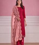 Pink Embroidered Chinnon  Straight Suit Free size full stitched Up To 42" Size