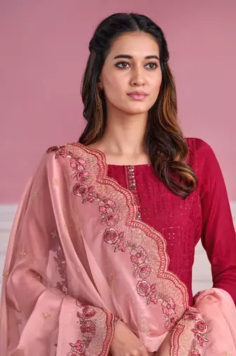 Pink Embroidered Chinnon  Straight Suit Free size full stitched Up To 42" Size