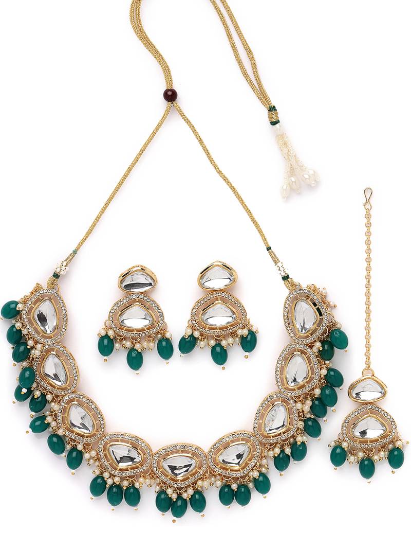 Gold-plated with ad green stones collar bone necklace set with stylish earrings jewellery set for women (ns105678)