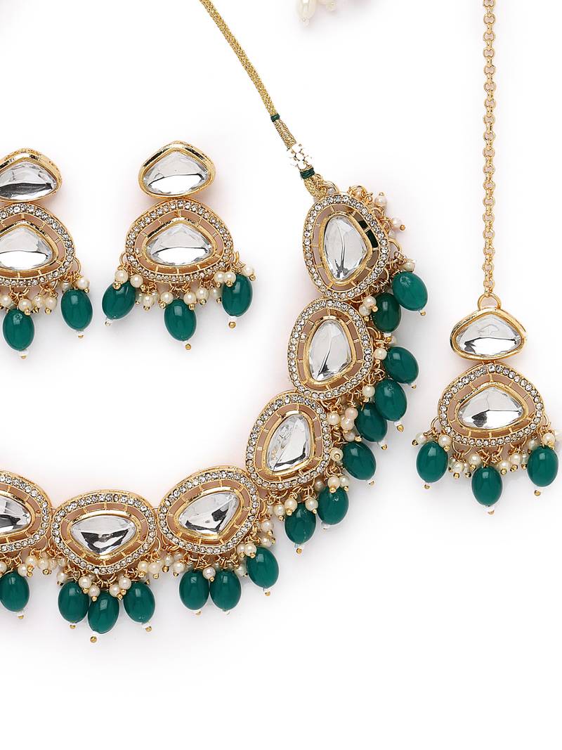 Gold-plated with ad green stones collar bone necklace set with stylish earrings jewellery set for women (ns105678)