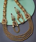 Intriguing gold plated rani haar long kundan studded matinee necklace set & earring jewellery set for women (ns105731)