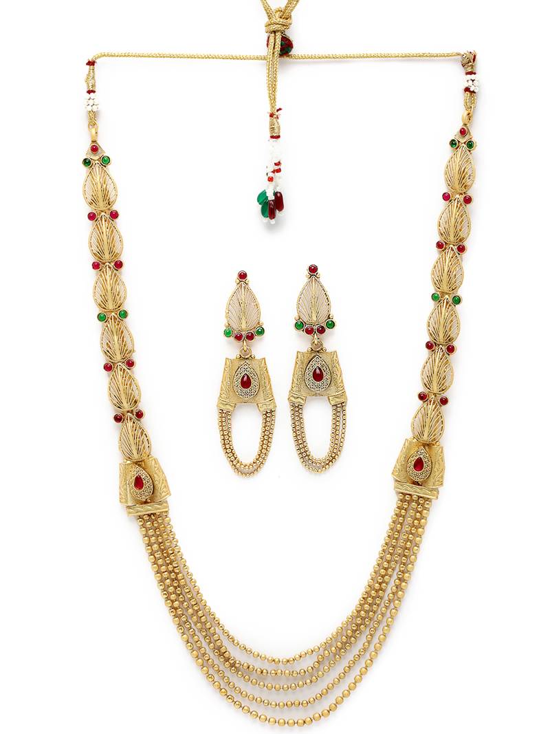 Intriguing gold plated rani haar long kundan studded matinee necklace set & earring jewellery set for women (ns105731)