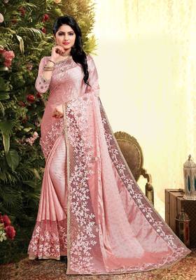 Designer Pink Dew Drop Ribbon Coding Work Silk Saree 1