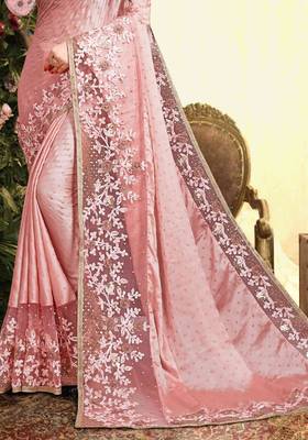 Designer Pink Dew Drop Ribbon Coding Work Silk Saree 2