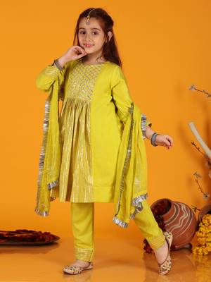 girls anarkali neon yellow silk dress with pant & dupatta (set of 3) 1