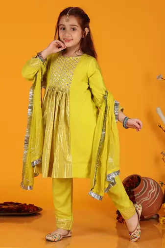 Jilmil girls anarkali neon yellow silk dress with pant & dupatta (set of 3)