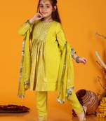 girls anarkali neon yellow silk dress with pant & dupatta (set of 3)