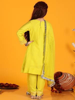 girls anarkali neon yellow silk dress with pant & dupatta (set of 3) 2