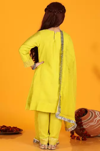 girls anarkali neon yellow silk dress with pant & dupatta (set of 3)