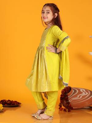 girls anarkali neon yellow silk dress with pant & dupatta (set of 3) 3