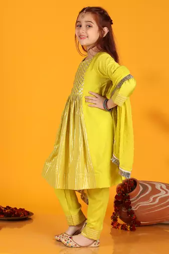 girls anarkali neon yellow silk dress with pant & dupatta (set of 3)