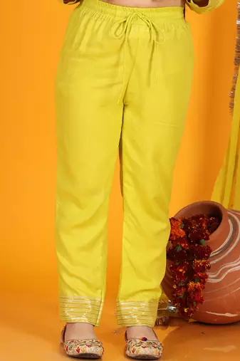 girls anarkali neon yellow silk dress with pant & dupatta (set of 3)
