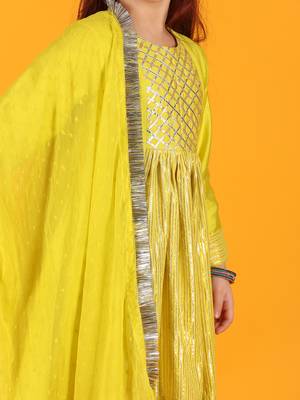 girls anarkali neon yellow silk dress with pant & dupatta (set of 3) 5