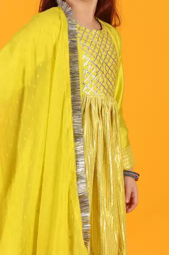 girls anarkali neon yellow silk dress with pant & dupatta (set of 3)