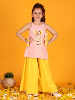 girls embroidered pink flamingo cotton kurta with sharara (set of 2) 1