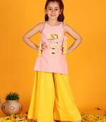 girls embroidered pink flamingo cotton kurta with sharara (set of 2)