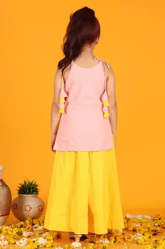 girls embroidered pink flamingo cotton kurta with sharara (set of 2)