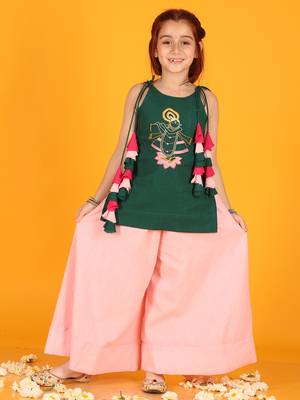 Jilmil girls embroidered green shreenathji cotton kurta with sharara (set of 2) 1