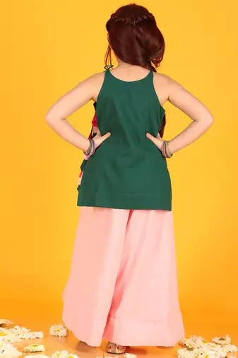 Jilmil girls embroidered green shreenathji cotton kurta with sharara (set of 2)