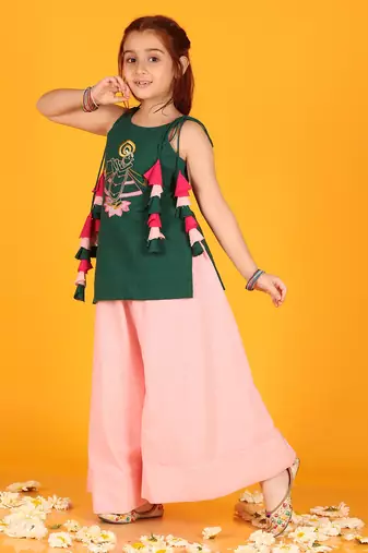 Jilmil girls embroidered green shreenathji cotton kurta with sharara (set of 2)