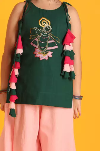 Jilmil girls embroidered green shreenathji cotton kurta with sharara (set of 2)