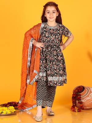girls anarkali black bagru cotton dress with pant & dupatta (set of 3) 1