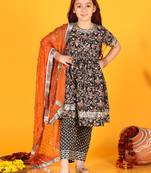 girls anarkali black bagru cotton dress with pant & dupatta (set of 3)