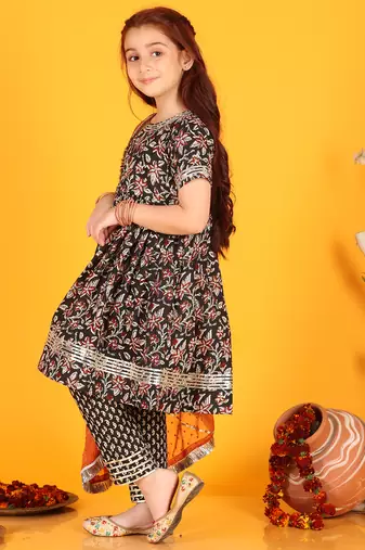 girls anarkali black bagru cotton dress with pant & dupatta (set of 3)