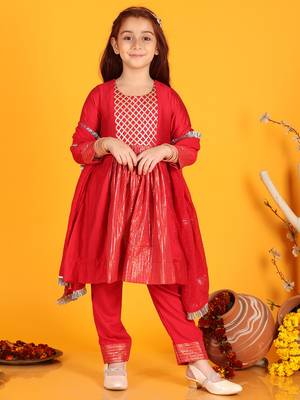 girls anarkali pink silk dress with pant & dupatta (set of 3) 1