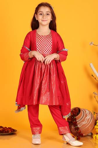 Jilmil girls anarkali pink silk dress with pant & dupatta (set of 3)