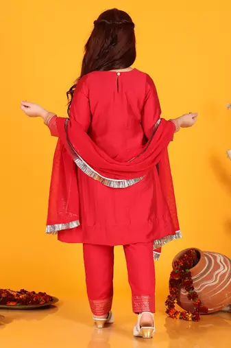 girls anarkali pink silk dress with pant & dupatta (set of 3)