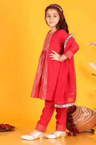 girls anarkali pink silk dress with pant & dupatta (set of 3)