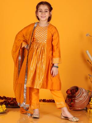 Jilmil girls anarkali neon orange silk dress with pant & dupatta (set of 3) 1