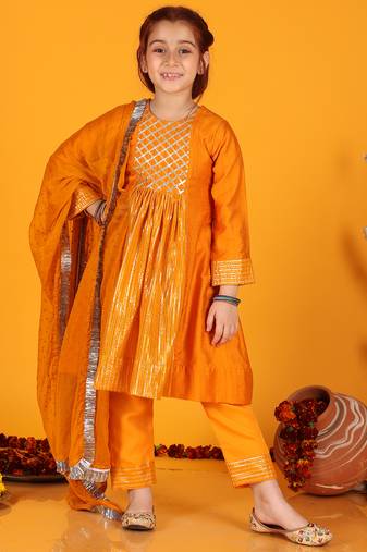 Jilmil girls anarkali neon orange silk dress with pant & dupatta (set of 3)
